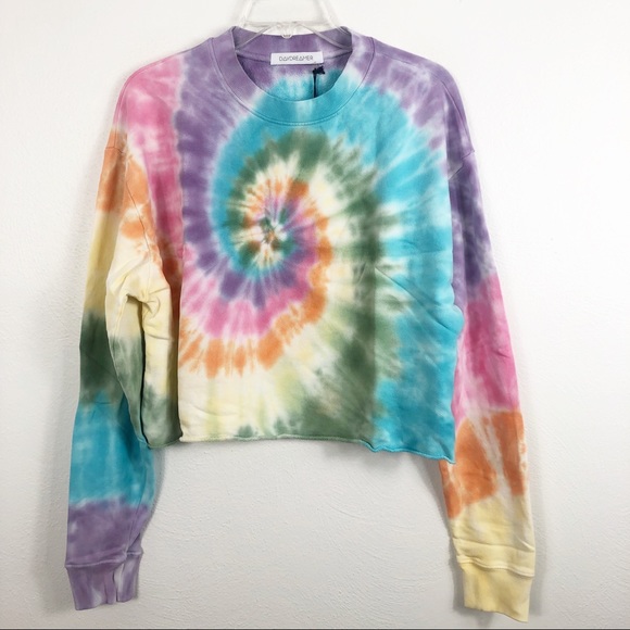 Daydreamer Tops - Daydreamer Tie Dye Crop Crewneck Sweatshirt Rainbow Swirl